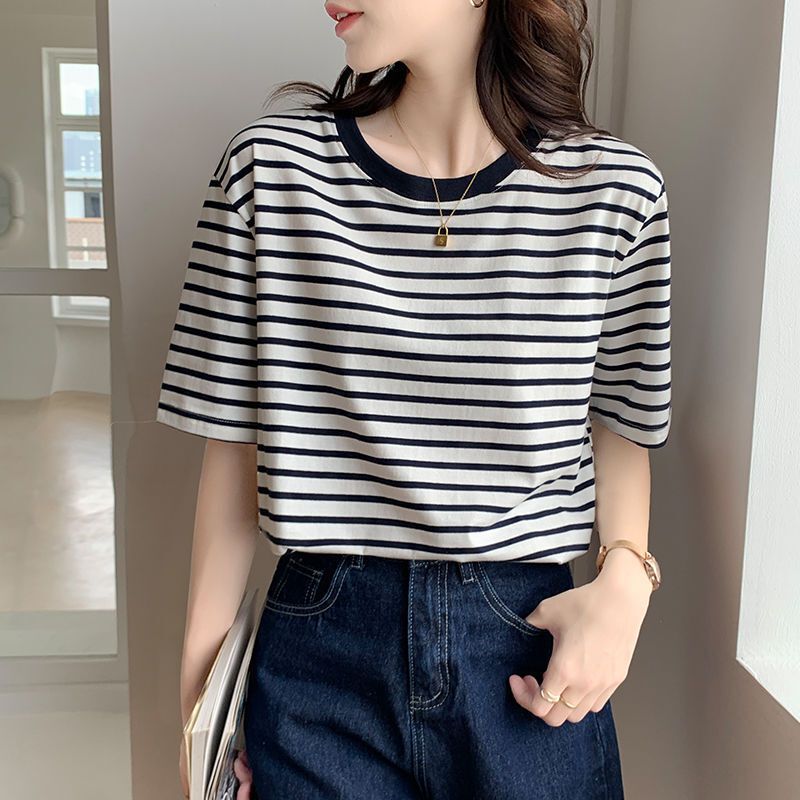 Round Neck Short-Sleeved T-Shirt for Women Summer Loose and Versatile Student 2023 New Design Green Stripesd T-Shirt Top