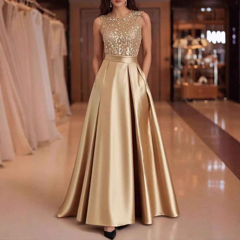 European and American style evening dress 2026 new model, long sleeveless dress for banquet hosts and parties, simple and elegant European and American style evening dress 2026 new model, long sleeveless dress for banquet hosts and parties, simple and elegant
