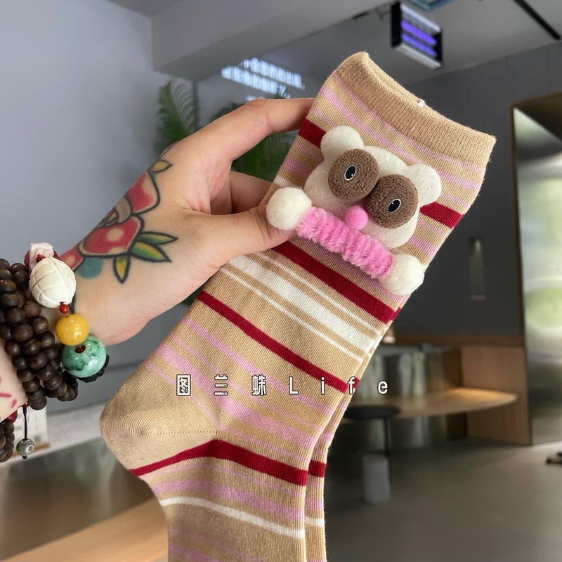 25早秋新款袜子女彩色条纹立体卡通可爱中筒袜堆堆袜显瘦直播同款|undefined