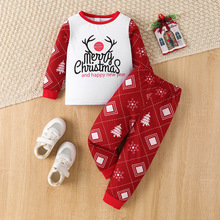 跨境24秋新款圣诞节男小童字母鹿角印花家居套装圆领衫加长裤