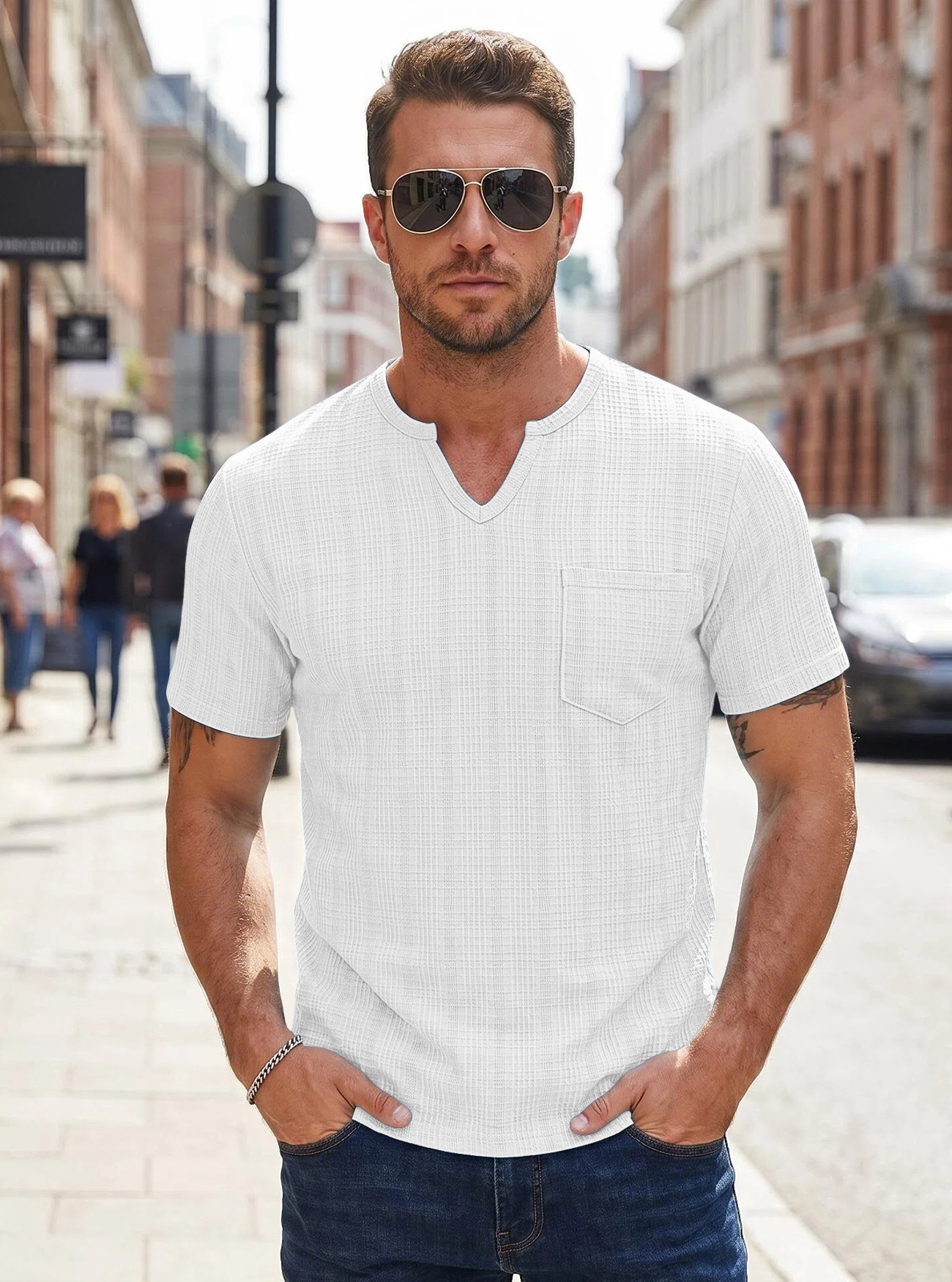 Transfronterizo Amazon hombre de verano imitación de lino de cuello V camiseta de color sólido europea y americana transpirable gran tejido americano de manga corta