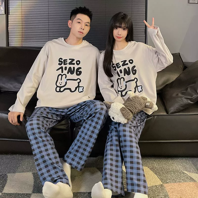 Весенняя и осенняя пара пижамы мультфильм с круглым вырезом из хлопка с длинными рукавами