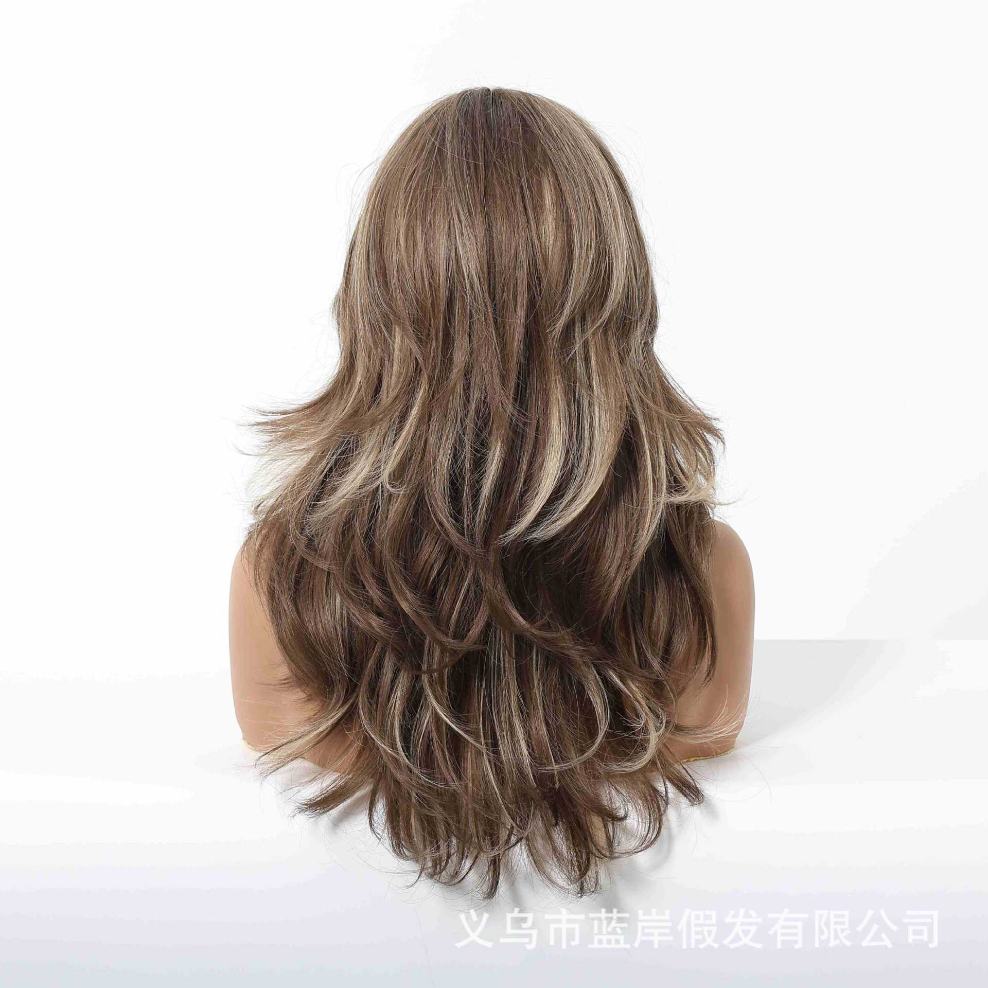 Peluca mujer cubierta de cabeza completa moda picadura oro degradado pelo largo y rizado peluca europea y americana cubierta de pelo de fibra química wigs