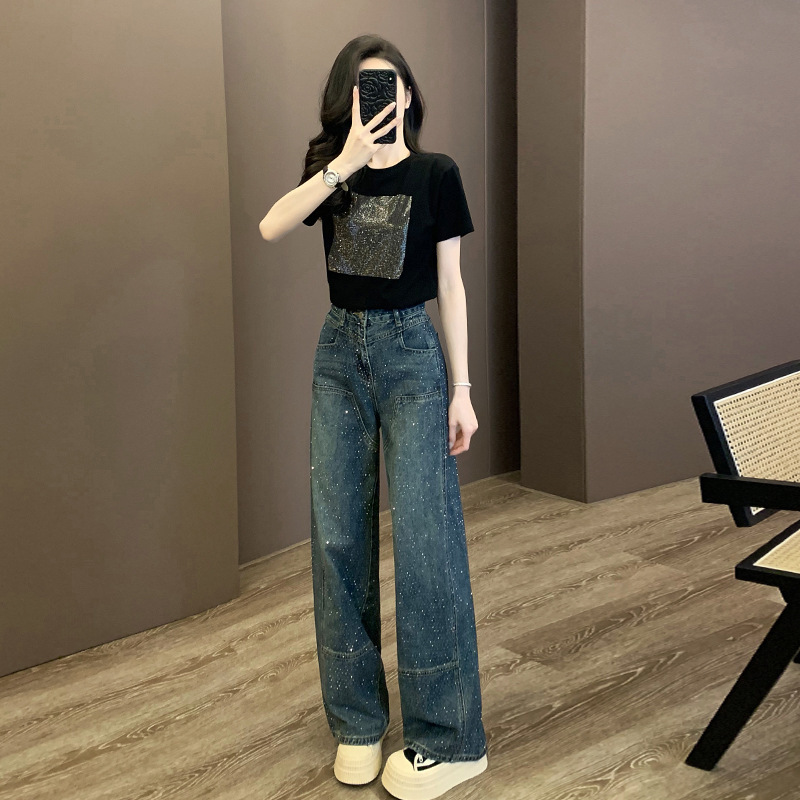 Summer Outfit Set Age-Reducing Casual Black Short-Sleeve T-Shirt Sequin Jeans Fashion Two-Piece Set for Women Trendy Summer Outfit Set Age-Reducing Casual Black Short-Sleeve T-Shirt Sequin Jeans Fashion Two-Piece Set for Women Trendy