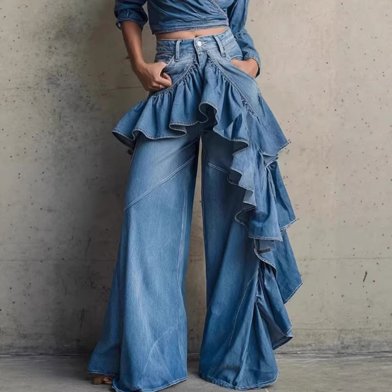 Asymmetrical ruffle patchwork European and American style high-waisted floor-length jeans for women, BAGGY washed wide-leg jeans Asymmetrical ruffle patchwork European and American style high-waisted floor-length jeans for women, BAGGY washed wide-leg jeans
