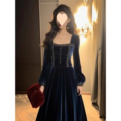 2025 new winter French autumn and winter slimming celebrity high-end Hepburn style high-end long blue long skirt