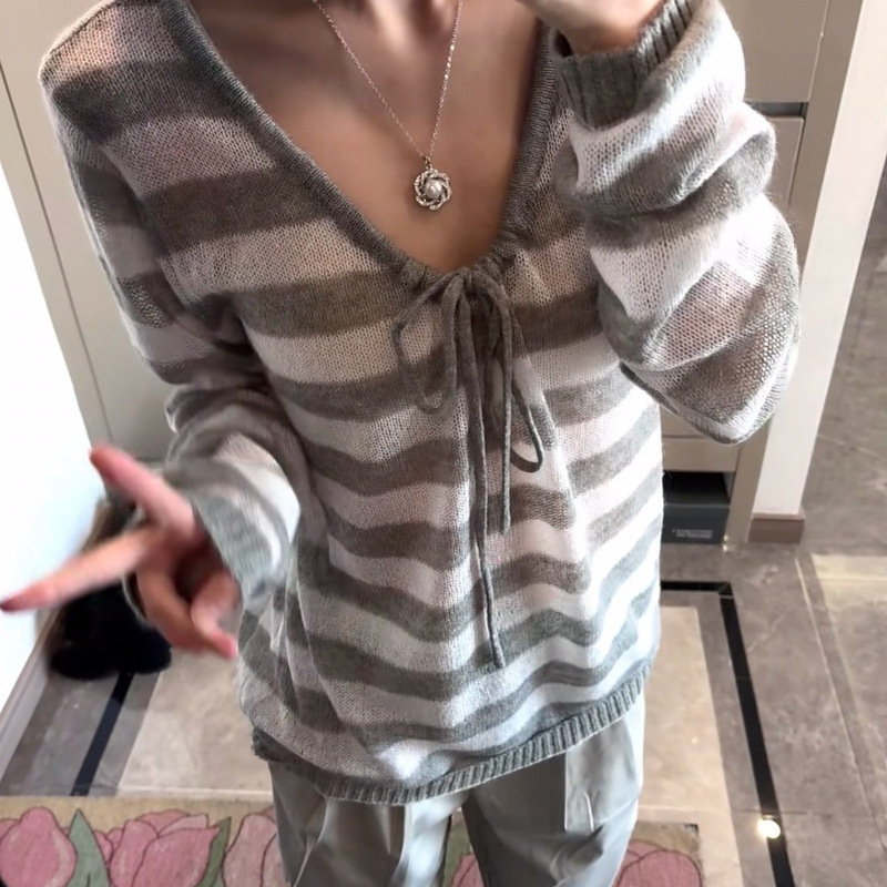 Korea! Gray Striped Off-Shoulder Sun-Protective Knit Top for Women, New Spring/Summer Style, Loose Hollow-Out Tie-Up Cover-Up Blouse, Trendy