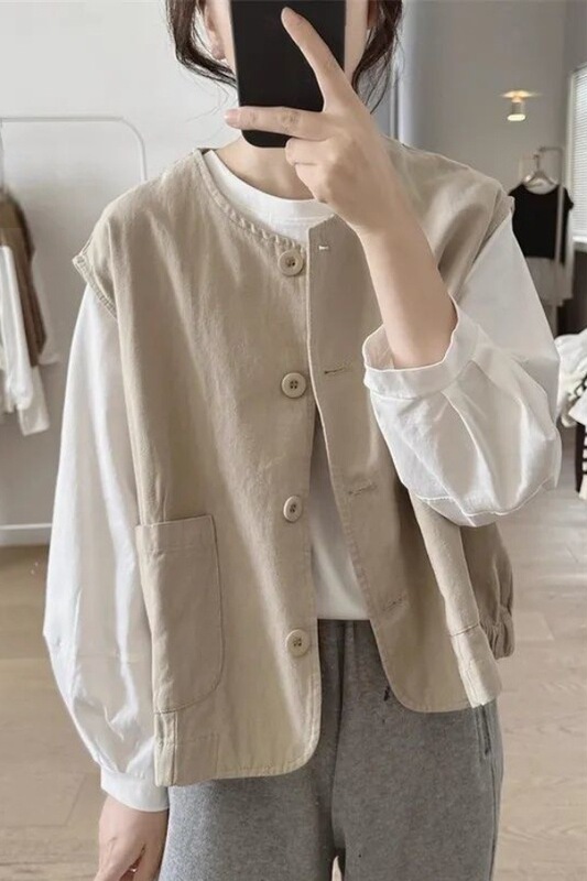Young Early Autumn New Round Neck Vest Jacket for Women Loose Large Size Slim Retro Workwear Pocket Vest Top