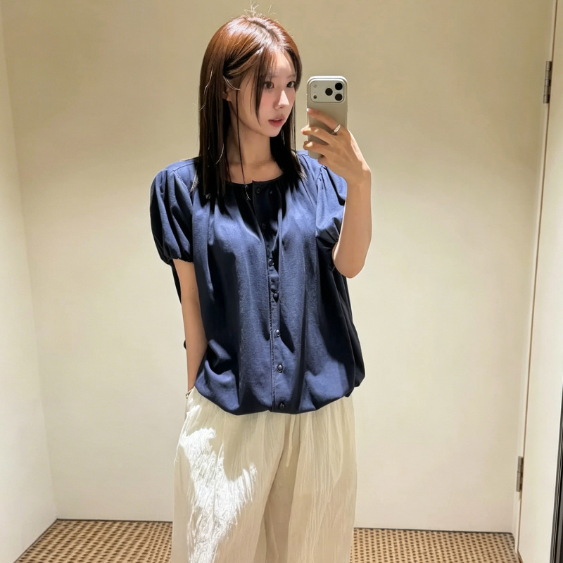 Moondal Boat Neck Pleated Short-Sleeved Shirt for Women Summer New Korean Style Pure Color Simple Comfortable Breathable T-Shirt Top Moondal Boat Neck Pleated Short-Sleeved Shirt for Women Summer New Korean Style Pure Color Simple Comfortable Breathable T-Shirt Top