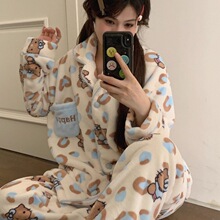 【胜杯跨境严选】豹纹黑皮睡衣女法兰绒秋冬季开衫珊