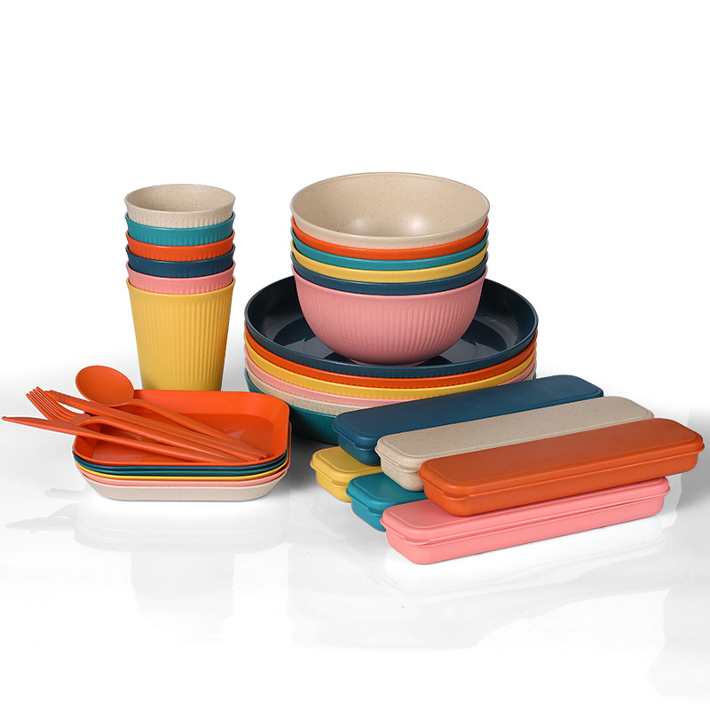 Cross-border Amazon wheat straw bowl, plate, cup, knife, fork, spoon, chopsticks, student outdoor portable tableware gift set