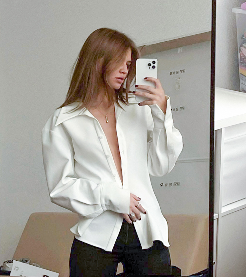 long-sleeved waist lapel slim solid color shirt NSSQS132014