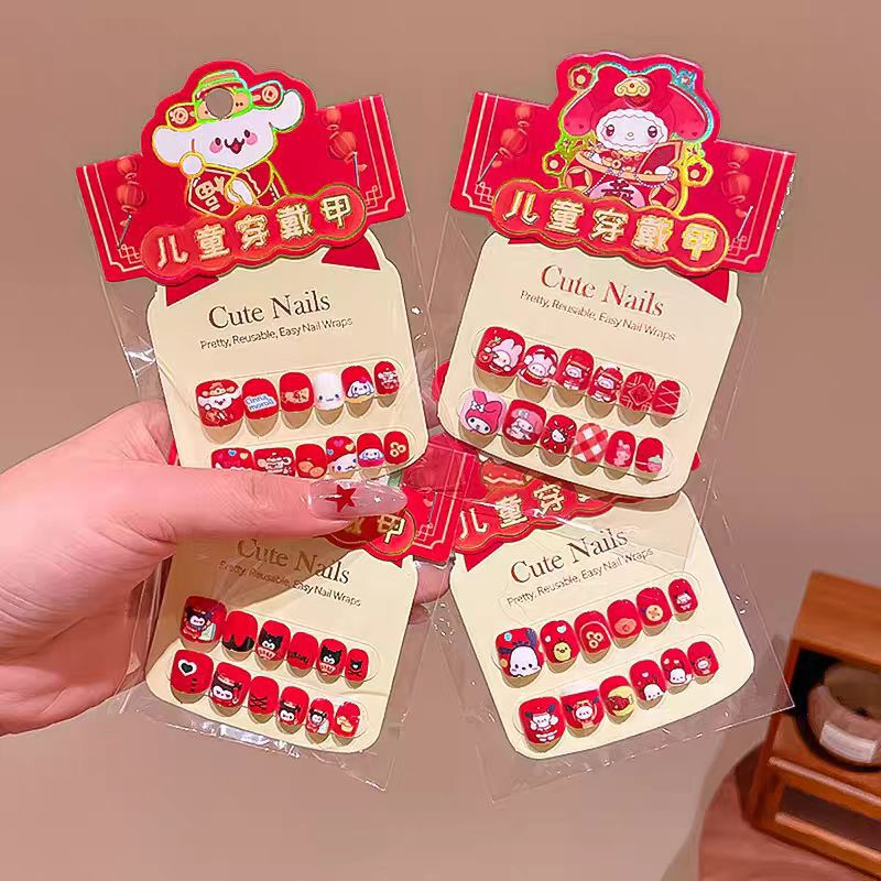 Children's New Year Red Cartoon Sanrio Kuromi Nail Stickers Baby Festive Wearable Nails Self-Adhesive Nail Stickers