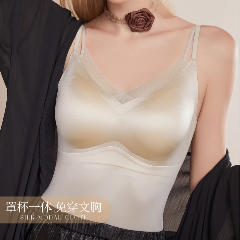 Seamless satin camisole tank top for women, no need to wear a bra, suitable for wearing under suits, plus size, anti-exposure, backless top