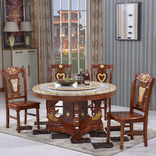 Marble Round Dining Table and Chairs with Turntable Combination Chinese Solid Wood Dining Table Rural Small Apartment Simple Round Table