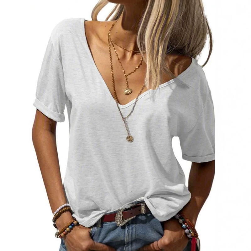 2026 Summer New Women's Fashion Deep V-Neck Short-Sleeve Top Solid Color Casual Loose T-Shirt European and American Cross-Border 2026 Summer New Women's Fashion Deep V-Neck Short-Sleeve Top Solid Color Casual Loose T-Shirt European and American Cross-Border