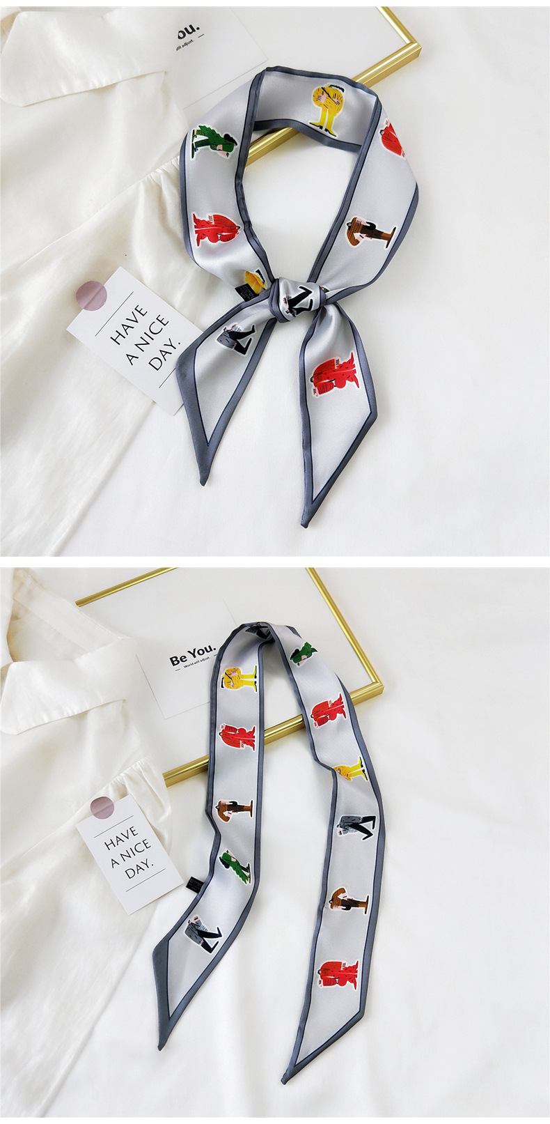 30g Weight Silk Scarf Classification Travel Occasion Unisex Gender Sweet Style Khaki, Grey, Pink, Purple, Red, Green, Blue, Black Color Fashion Streamer Printing Bow Silk Scarf Wholesale 15