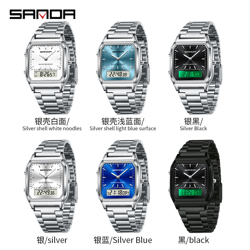 SANDA SANDA 747 hombre retro reloj electrónico de negocios moda moda personalidad reloj de hombre correa de acero reloj de pulsera ligero
