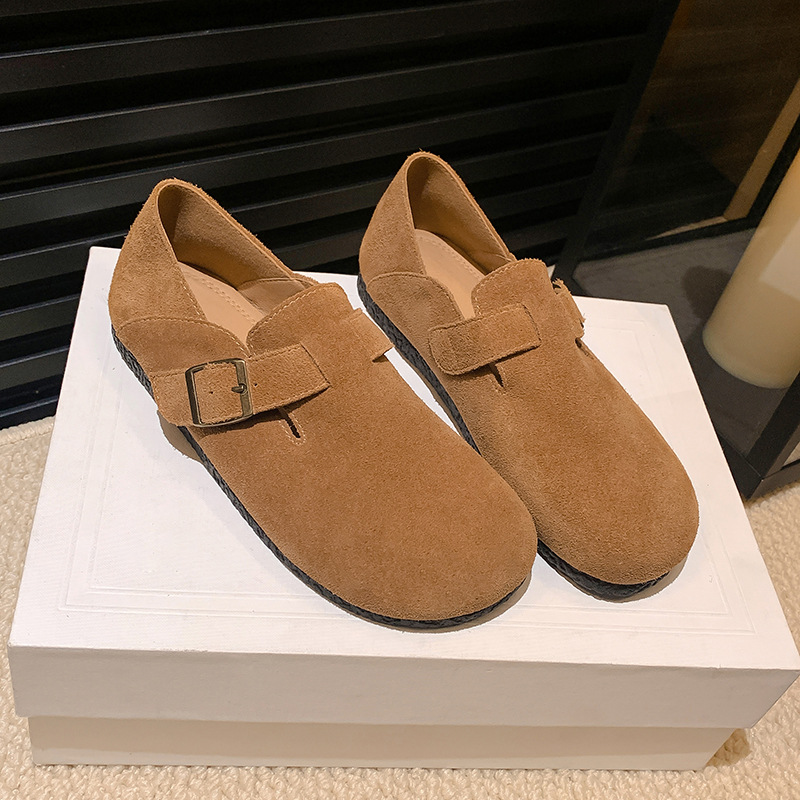 Versión de piel de oveja de la uva de otoño nuevo fieltro fondo plano gran cabeza redonda Bocken zapatos de cuero único de mujer