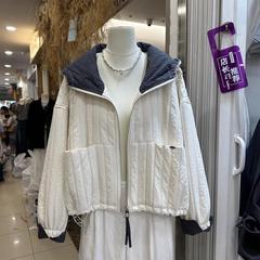 连帽夹棉短外套女格子拼接二棉夹克2025秋季新款轻薄棉服薄款棉衣