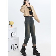 水泥灰高腰阔腿牛仔裤女潮流百搭新款宽松休闲显瘦九分老爹哈伦裤