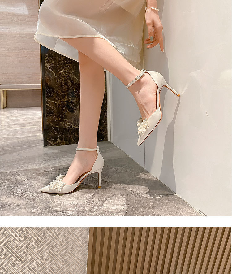 Z-52 Fiocco con diamanti Fata Bianco a punta alta Tacco sottile Singolo raso damigella d'onore Scarpe da sposa Sandali temperamento_voghion.com