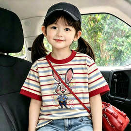 新款男女童条纹短袖夏季儿童宽松圆领T恤透气百搭休闲上衣潮t打底