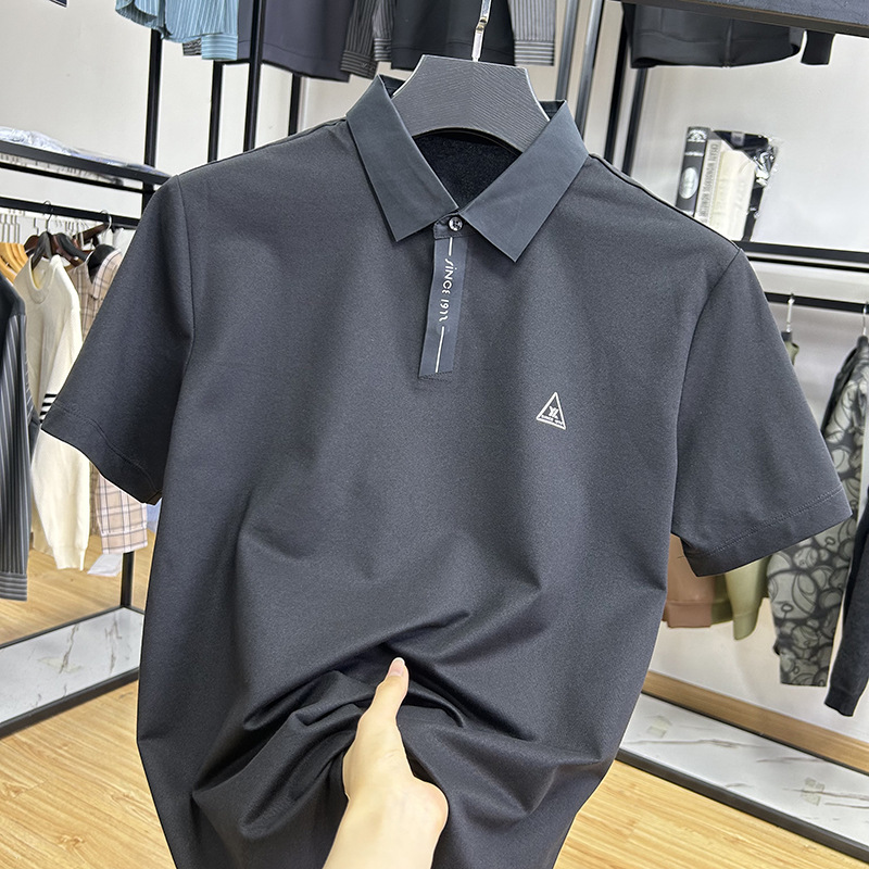 Foreign trade cut label men's clothing-Yajia pressed rubber collar bead ground material breathable business fashion men's short sleeve POLO shirt