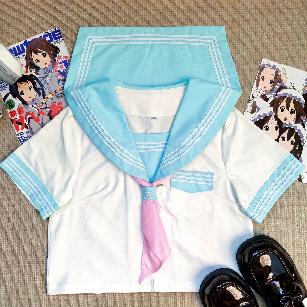 In-stock modified blue three-piece basic JK uniform set, college style A-line skirt, navy style school-supplied long-sleeved sailor suit