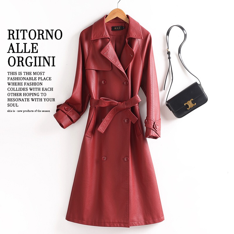 2026 Spring and Autumn New Korean Style Haining Leather Jacket for Women, Slim Fit, Slimming Trench Coat, Plus Size, Long Leather Coat