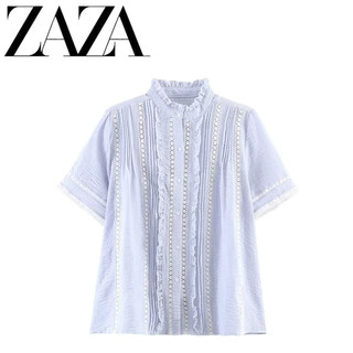 ZAZA 自制欧美风 批发女装 时尚百搭小清新拼花边甜美风短袖衬衫