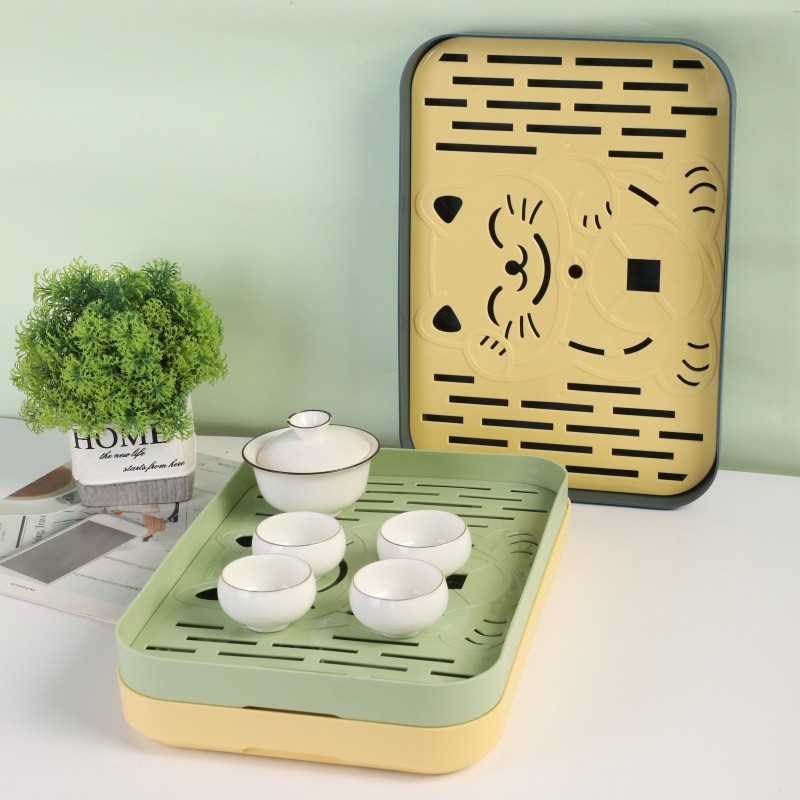 tea tray household a living room Tray Light extravagance tea set Cup holder teacup Water cup rectangle double-deck Leachate plate