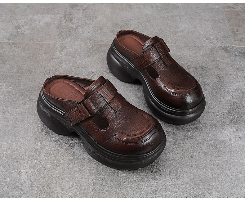 Dép sandal nữ quai chữ V bít mũi da thật đế tăng chiều cao phong cách cổ điển — màu nâu chi tiết 13