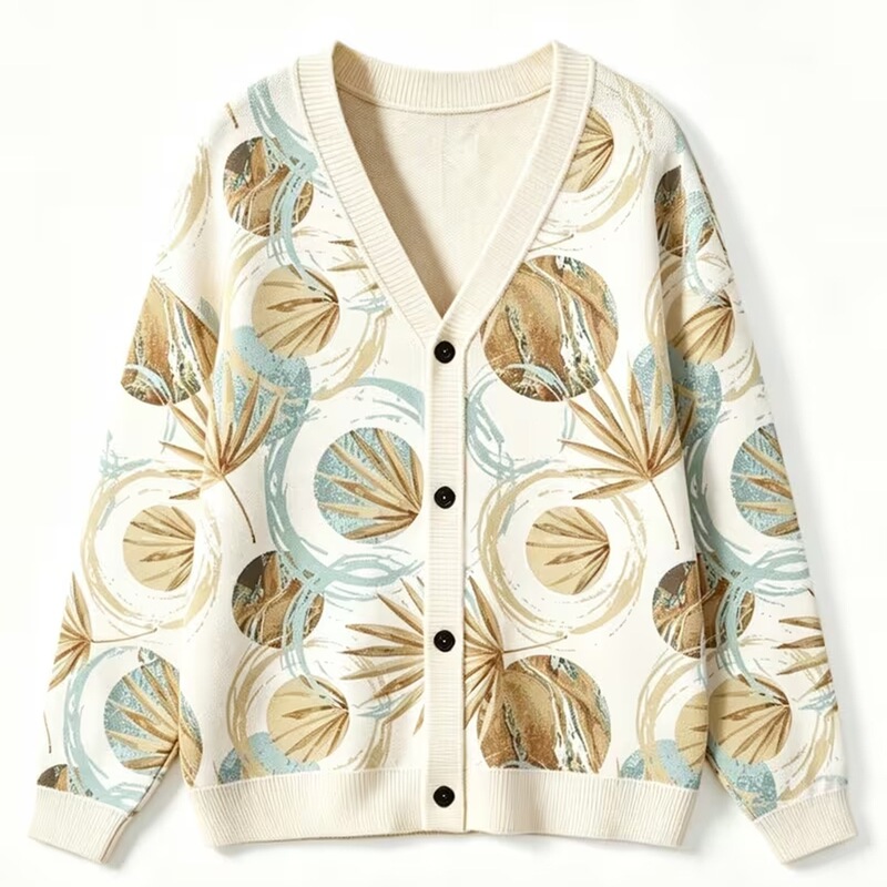 Casual color-blocked panda apple jacquard V-neck long-sleeve knit cardigan, a versatile and stylish top, directly from the manufacturer Casual color-blocked panda apple jacquard V-neck long-sleeve knit cardigan, a versatile and stylish top, directly from the manufacturer
