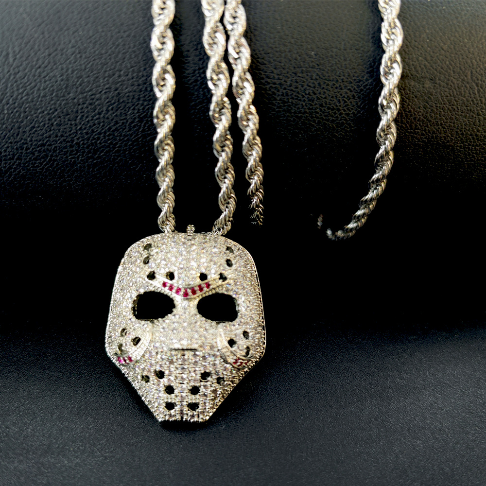 Copper inlaid zirconium masquerade dance mask pendant, luxurious and versatile hip-hop personality pendant necklace for_voghion.com