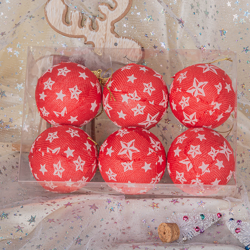 En stock decoraciones de Navidad colgante 8cm 6 piezas copo de nieve ELK estrella de cinco puntas de tela de impresión bola de espuma