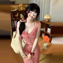 【原版做法＋内里】甜美法式红色格子吊带连衣裙子女度假风鱼尾长