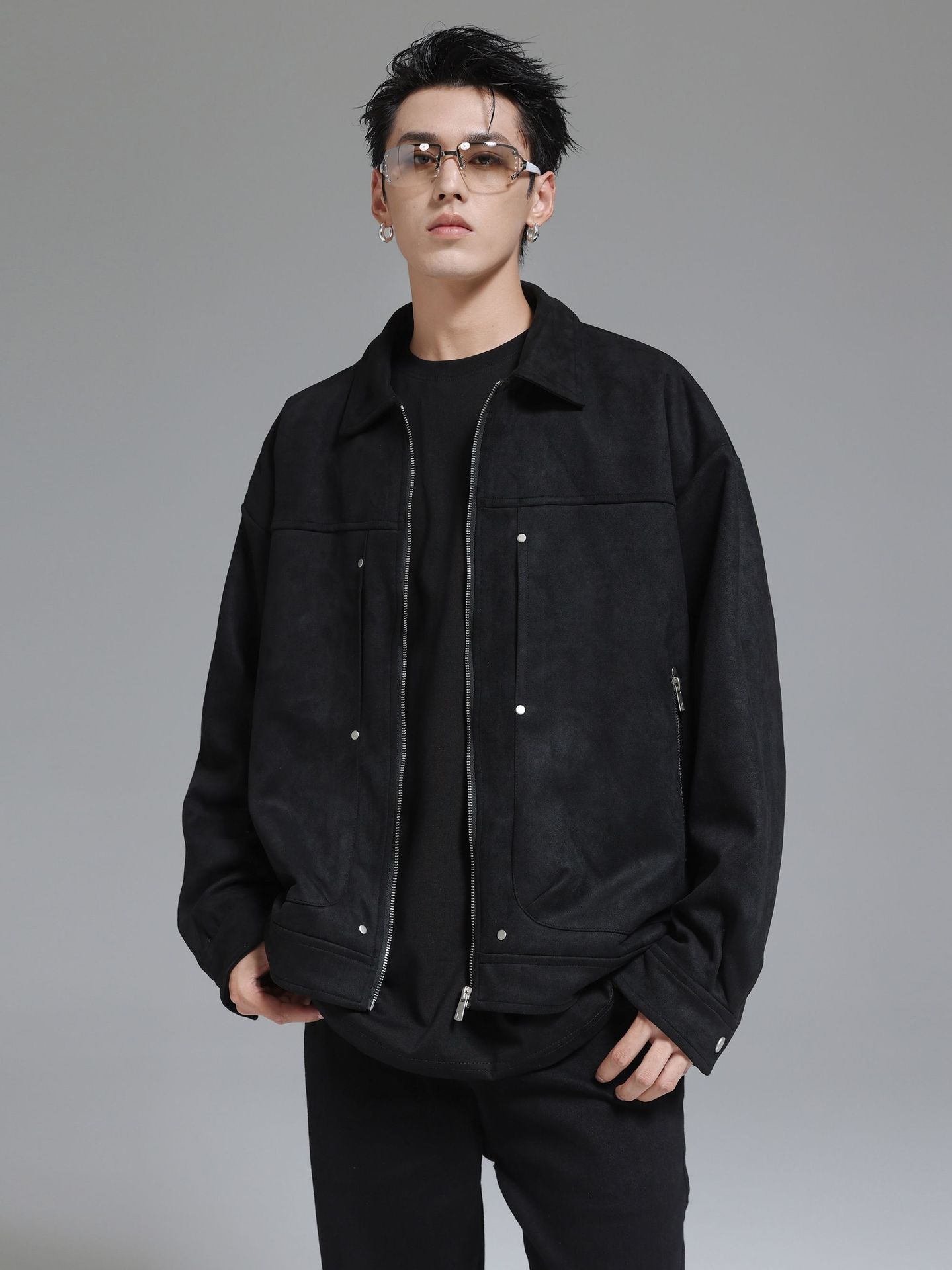 Cremallera básica abrigo hombres Otoño e Invierno Suede ropa herramientas americano 2023 nueva chaqueta de solapa superior moda
