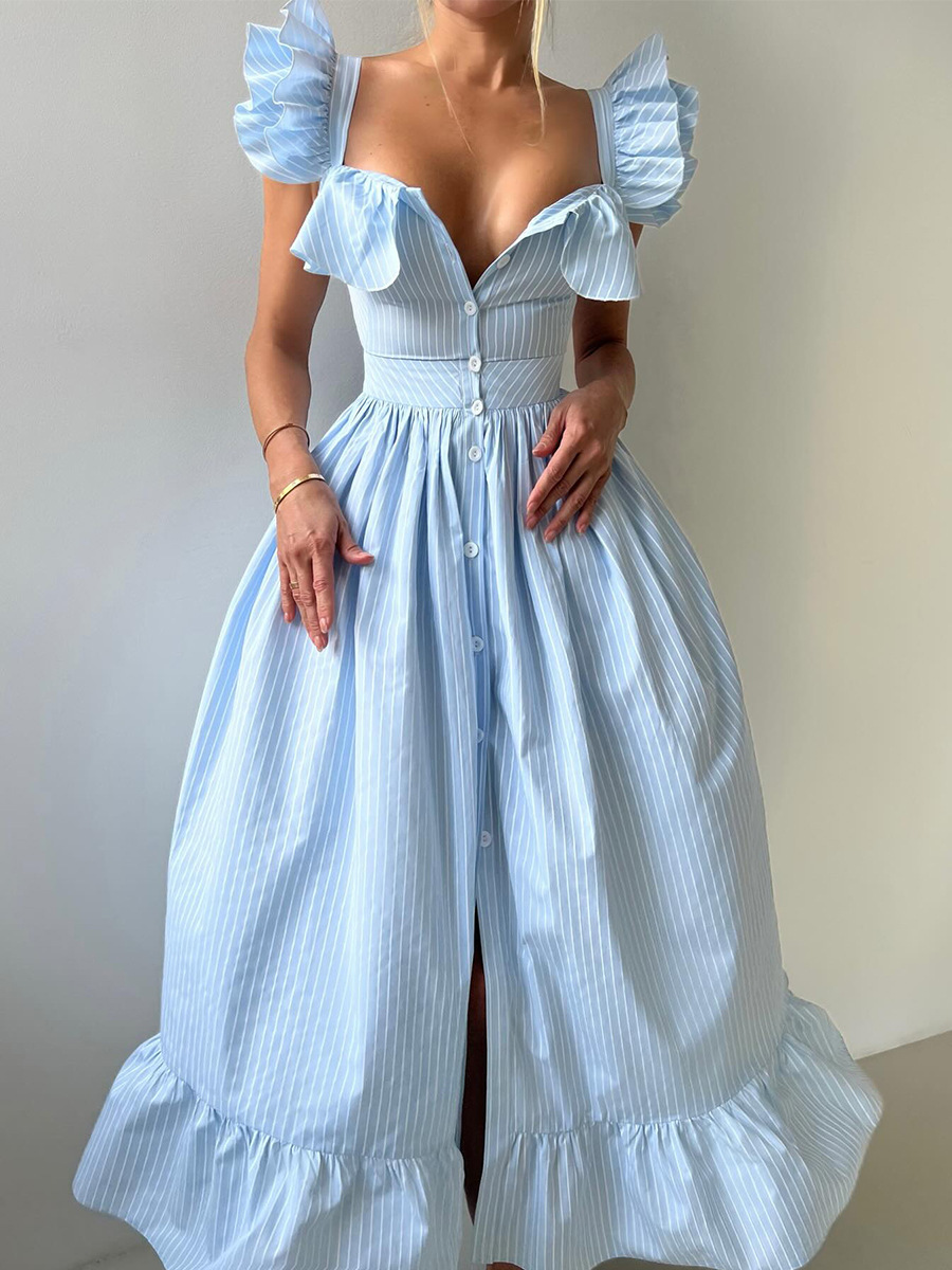 Women's Clothing Striped Dress Button Down Cardigan Waist Cinching Long Dress Summer New Style Flutter Sleeve_ecoleips.com