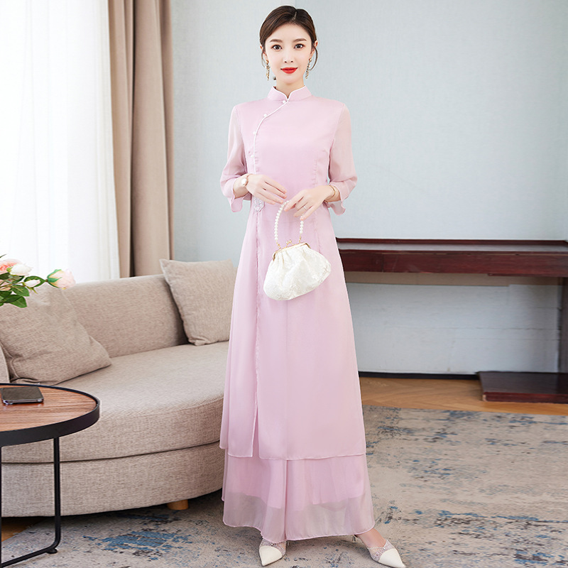 Spring and Summer 662 New Chinese Chiffon Set Chinese Style Retro Women's Daily Cheongsam Dress Two-piece Set for Women