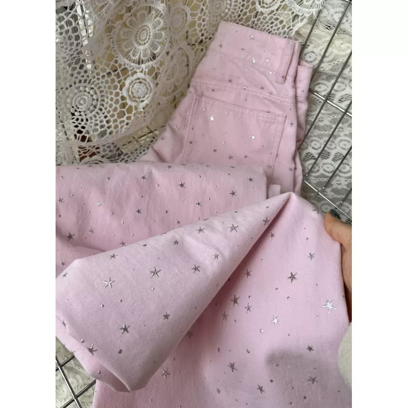 大码复古设计感粉色牛仔裤女夏季2025新款满天星烫印宽松拖地长裤