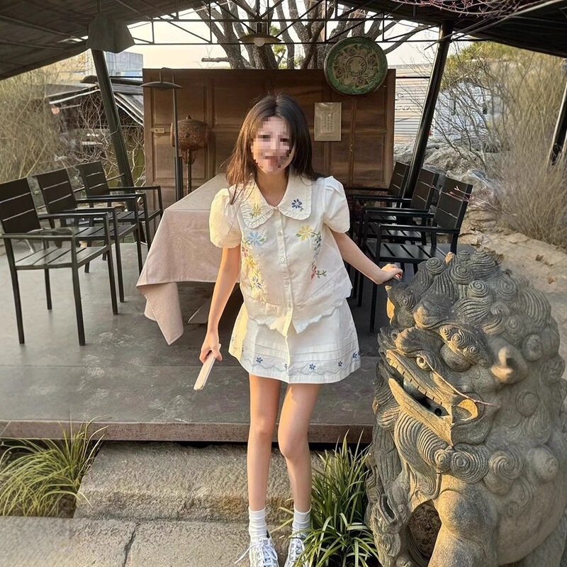 两件/套装夏日新款森系甜美温柔重工刺绣娃娃领上衣+女学生半身裙|undefined