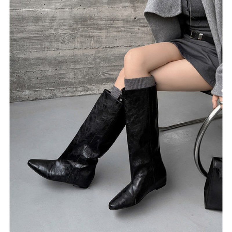 Cowhide Knight Boots for Women, Inner Heightening High Boots, Autumn and Winter New Style, Round Toe, Medium Heel, Stiletto Knee-High Straight Boots for Women Cowhide Knight Boots for Women, Inner Heightening High Boots, Autumn and Winter New Style, Round Toe, Medium Heel, Stiletto Knee-High Straight Boots for Women