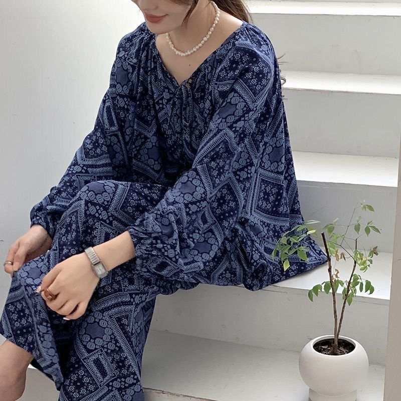 綿シルクパジャマセット女性のホーム服春と夏のパジャマ女性の夏フレンチレトロラウンドネック屋外で着用可能|undefined