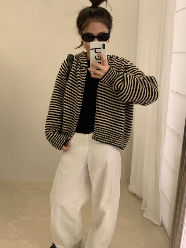 春秋冬季韩版拉链条纹连帽卫衣女宽松百搭针织衫慵懒复古毛衣外套|undefined
