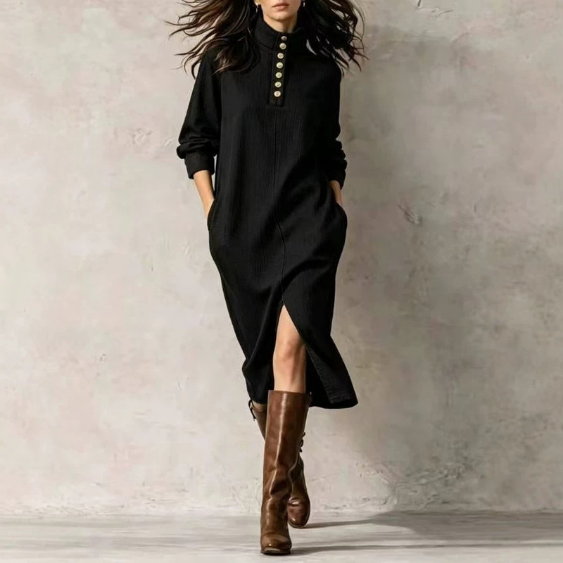 2026 cross-border European and American style new linen blend loose-fitting dress with a stand-up collar, front tie, and pockets