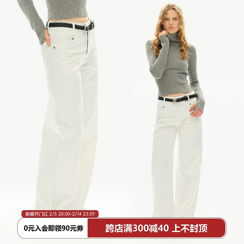 SMIIILE红边赤耳白色直筒牛仔裤宽松中低腰长裤女春秋裤子|undefined