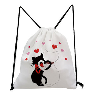 Cross-border Love Cute Student Drawstring Bag Casual Fashion Drawstring Pocket Pair of Cat Printed Backpack