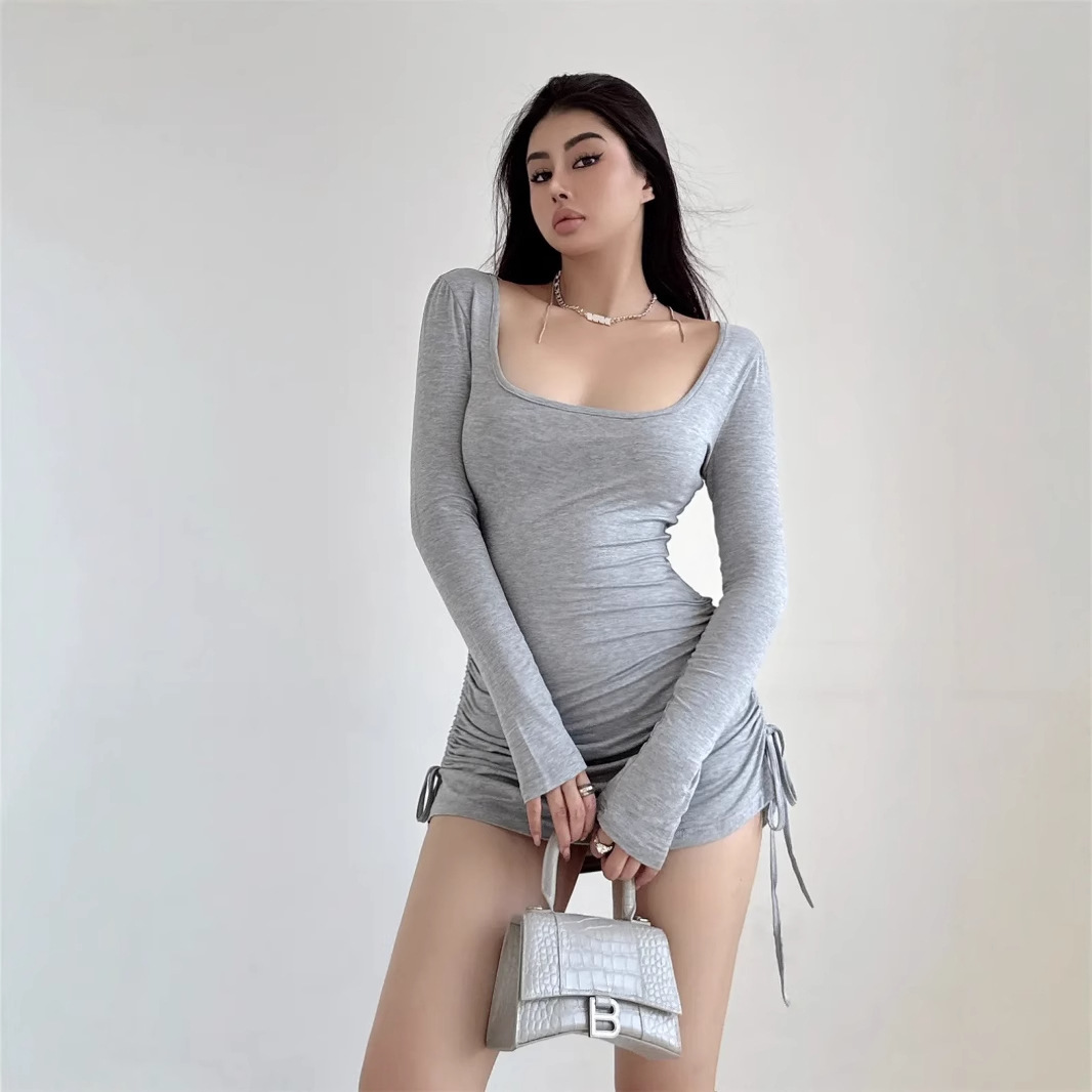 2025 새로운 스타일 퓨어 섹시 스파이스 소녀 스퀘어 칼라 긴팔 쇼트 원피스 여성용 헴 드로우 스트링 타이트 허리 슬림 핏 슬림 핏 원피스