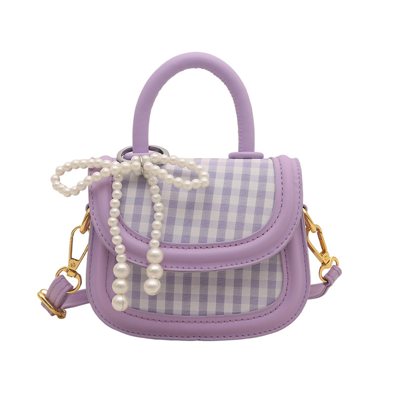 Bolso de hombro de niña a cuadros de moda coreana lindo bolso de bebé con lazo de perla mini bolso para niños de estilo occidental
